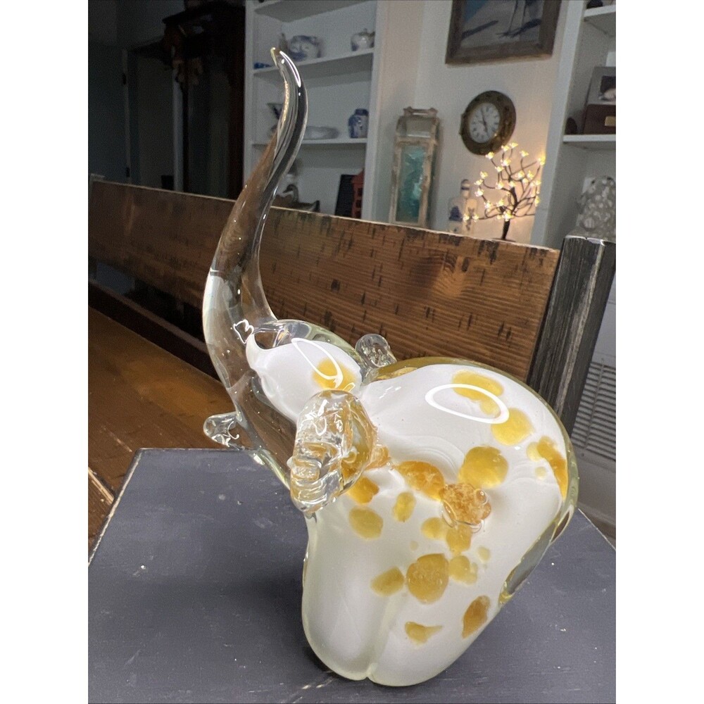 Elephant Art Glass White With Gold Spots Trunk Up Paperweight Figurine , 5 1/2 “